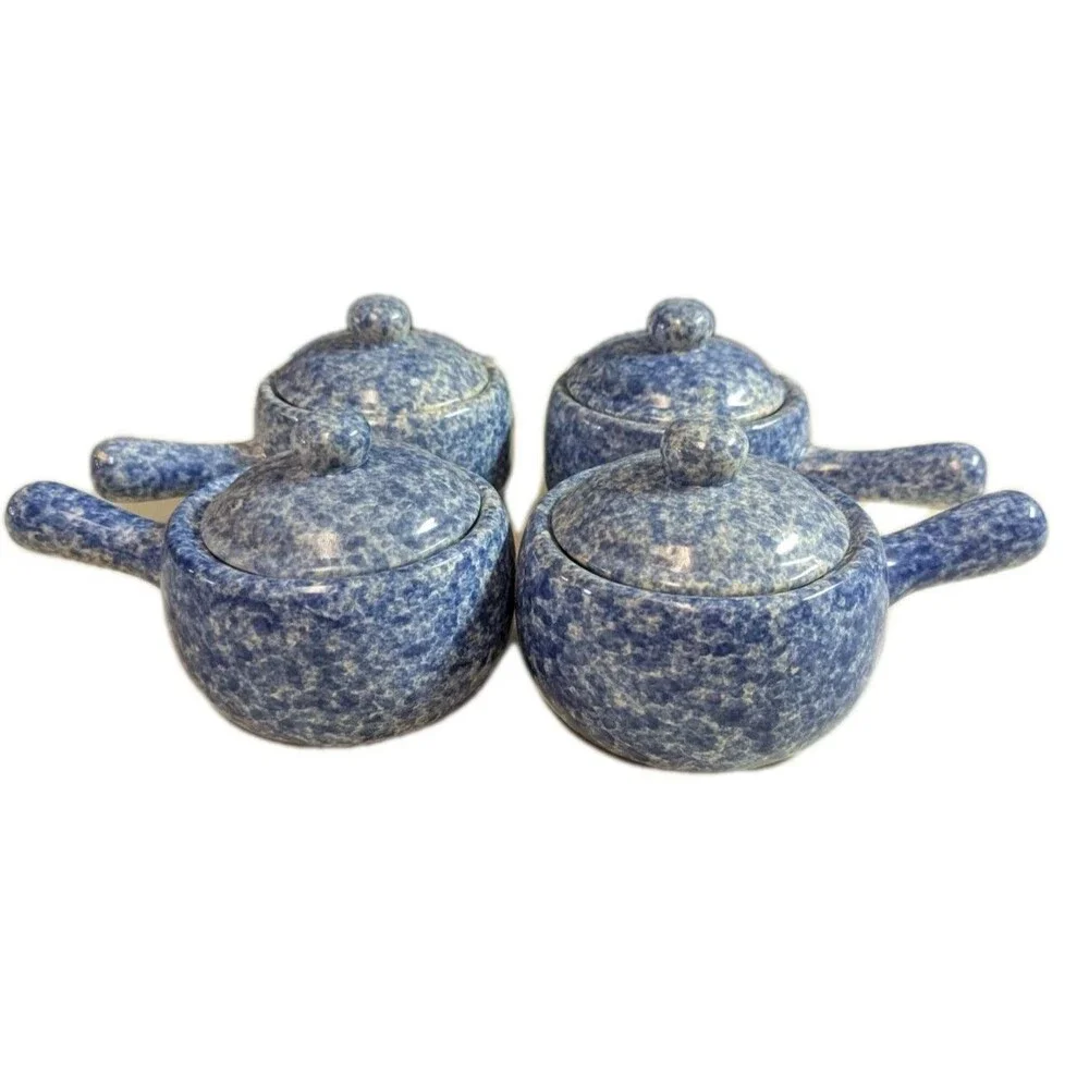 Vintage Bleu Co Gailst Blue Spongeware Lidded Soup Crocks - Set of 4 - Picture 1 of 15